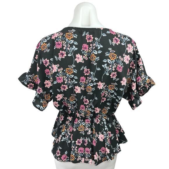 Francesca's Mi Ami Black Floral Faux Wrap V-Neck Ruffle Peplum Blouse Top Sz XS - Picture 2 of 5